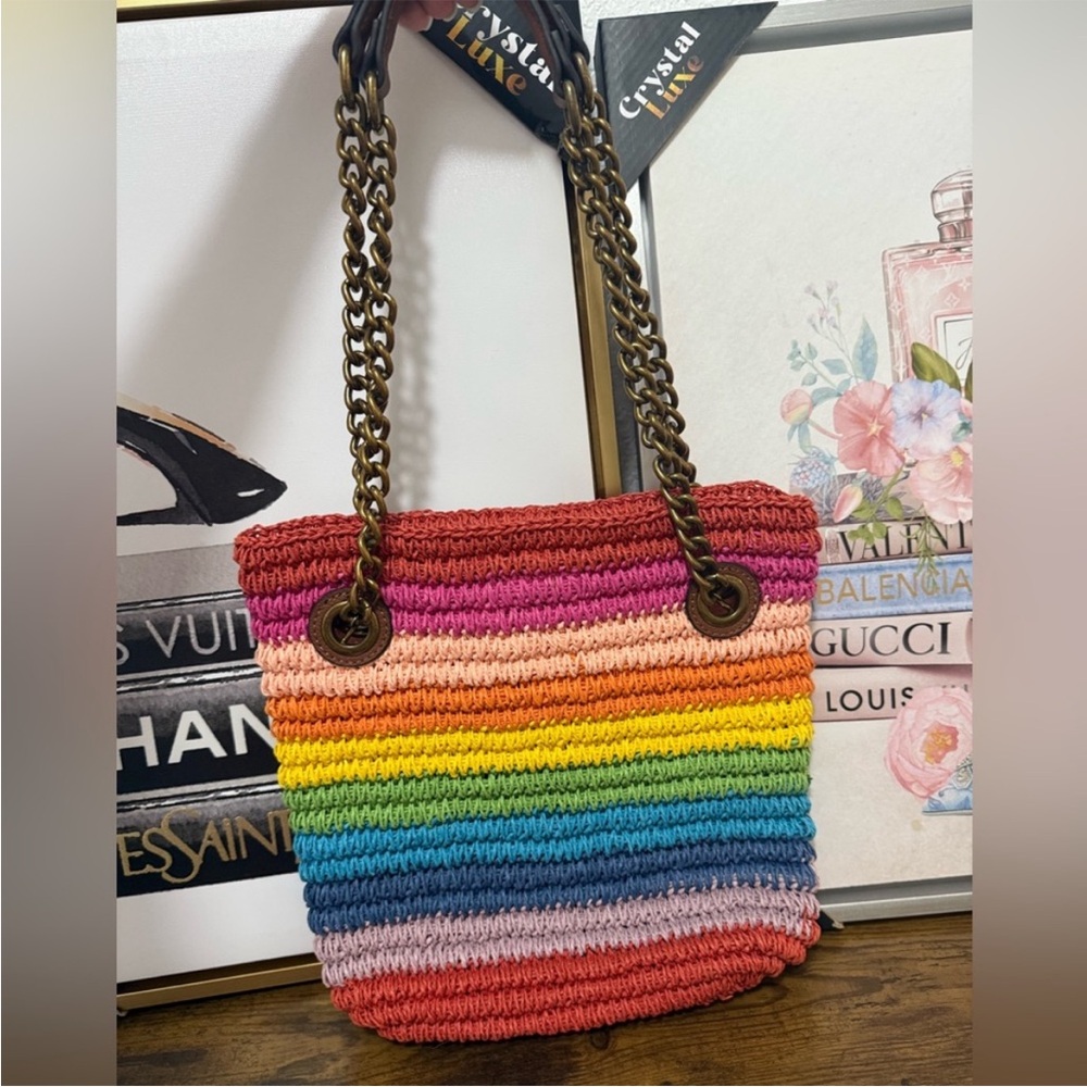 Kurt Geiger Rainbow Raffia shoulder bag/ tote w chunky chain and leather straps - Picture 3 of 10